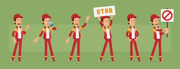 Cartoon cute funny young sportsman guy character in red cap and hoodie. Stop, hello, star and happy gesture. Ready for animations. Isolated on green background. Big vector icon set.