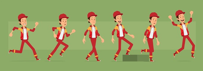 Cartoon cute funny young sportsman guy character in red cap and hoodie. Successful hipster walking to his goal. Ready for animations. Isolated on green background. Big vector icon set.