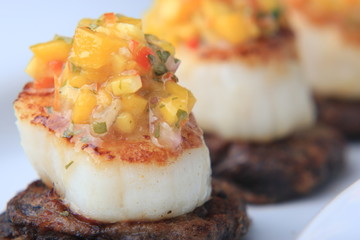 Seared Diver Scallops mango Salsa Black Bean Cakes