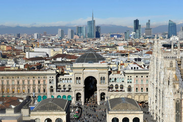 Italy , Milan may 14,2019 Galleria Vittorio Emanuele and Skyline - Duomo cathedral and downtown 