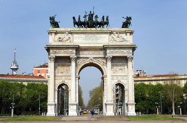 Fototapeta na wymiar Milan - Italy july 22,2018 Arch of Peace, or Arco della Pace, city gate in the centre of the Old Town of Milan in the sunny day, Lombardia, Sempione park