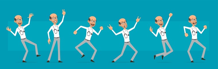 Cartoon cute funny old doctor character with stethoscope and glasses. Rock and roll scientist jumping and dancing. Ready for animations. Isolated on blue background. Big vector icon set.