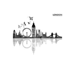 Obraz premium Cityscape view of London black and white vector illustration. Tourism and travel poster background. Famous London skyline landmarks design for web banner, card, brochure, promotion material