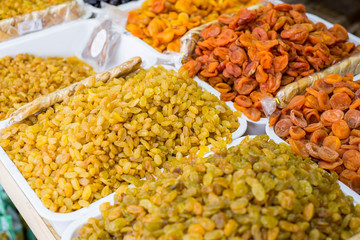 general plan of the store counter with the sale of a variety of dried fruits. High-calorie nutrition of dry fruits.