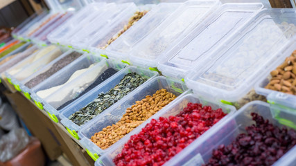 general plan of the store counter, with dried fruits. Healthy Food, Proper Nutrition, Natural Foods, Vegetarian Ingredients