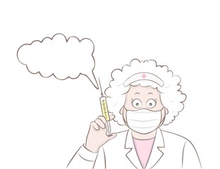 Vector illustration of an elderly woman nurse with a syringe,old doctor in a mask, cartoon design.