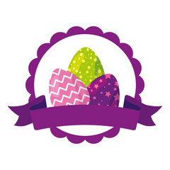 seal lace with set of cute eggs easter decorated and ribbon vector illustration design
