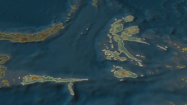 Maluku Utara, province with its capital, zoomed and extruded on the relief map of Indonesia in the conformal Stereographic projection. Animation 3D