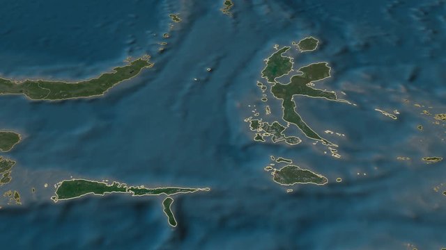 Maluku Utara, province with its capital, zoomed and extruded on the satellite map of Indonesia in the conformal Stereographic projection. Animation 3D