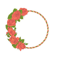 Round line frame with pink rose flower bouquet. Vector illustration.