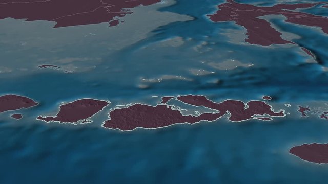 Nusa Tenggara Barat, province with its capital, zoomed and extruded on the administrative map of Indonesia in the conformal Stereographic projection. Animation 3D