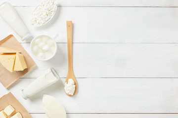dairy products on a white background. Milk, sour cream, mozzarella, kefir, yogurt, butter, cheese...