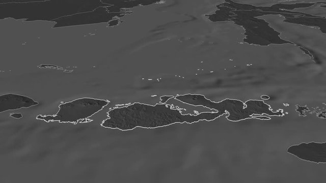 Nusa Tenggara Barat, province with its capital, zoomed and extruded on the bilevel map of Indonesia in the conformal Stereographic projection. Animation 3D