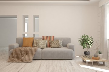 Modern living room in white color with sofa. Scandinavian interior design. 3D illustration