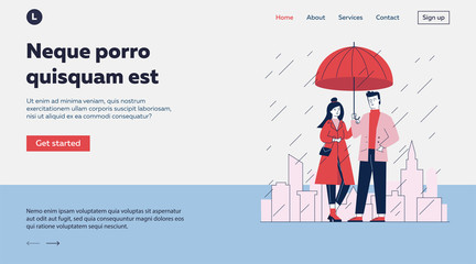 Couple standing under umbrella in street on rainy day. Man and woman in stylish red coat flat vector illustration. People in front of cityscape with skyscrapers and other buildings in rain © PCH.Vector