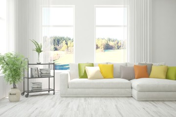 Modern living room in white color with sofa. Scandinavian interior design. 3D illustration