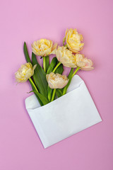 Bouquet of pastel yellow-pink tulips.