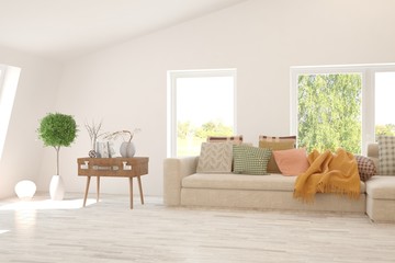 Minimalist living room in white color with sofa and summer landscape in window. Scandinavian interior design. 3D illustration