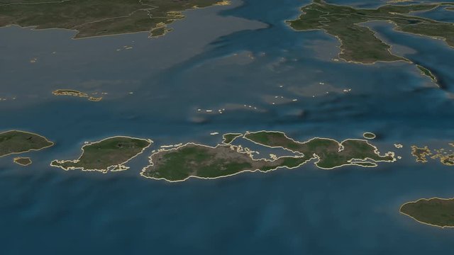 Nusa Tenggara Barat, province with its capital, zoomed and extruded on the satellite map of Indonesia in the conformal Stereographic projection. Animation 3D