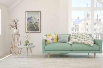 Modern living room in white color with sofa. Scandinavian interior design. 3D illustration