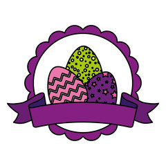 seal lace with set of cute eggs easter decorated and ribbon vector illustration design