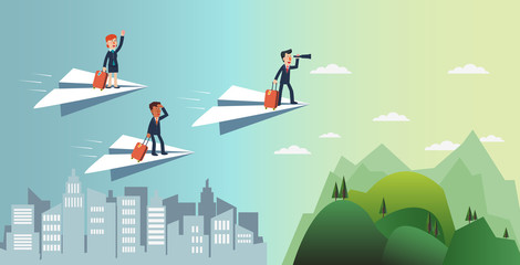 Fototapeta na wymiar Business people flying on a paper plane towards an island for vacation. Business people vacation concept. Holidays time, recreation and travel vector design