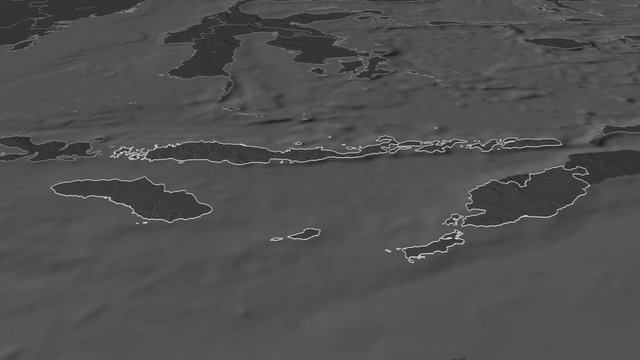 Nusa Tenggara Timur, province with its capital, zoomed and extruded on the bilevel map of Indonesia in the conformal Stereographic projection. Animation 3D