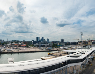 Port architecture of Tallinn city, Estonia. Estonian ships arriving in harbor of Baltic sea, aerial summer panorama view