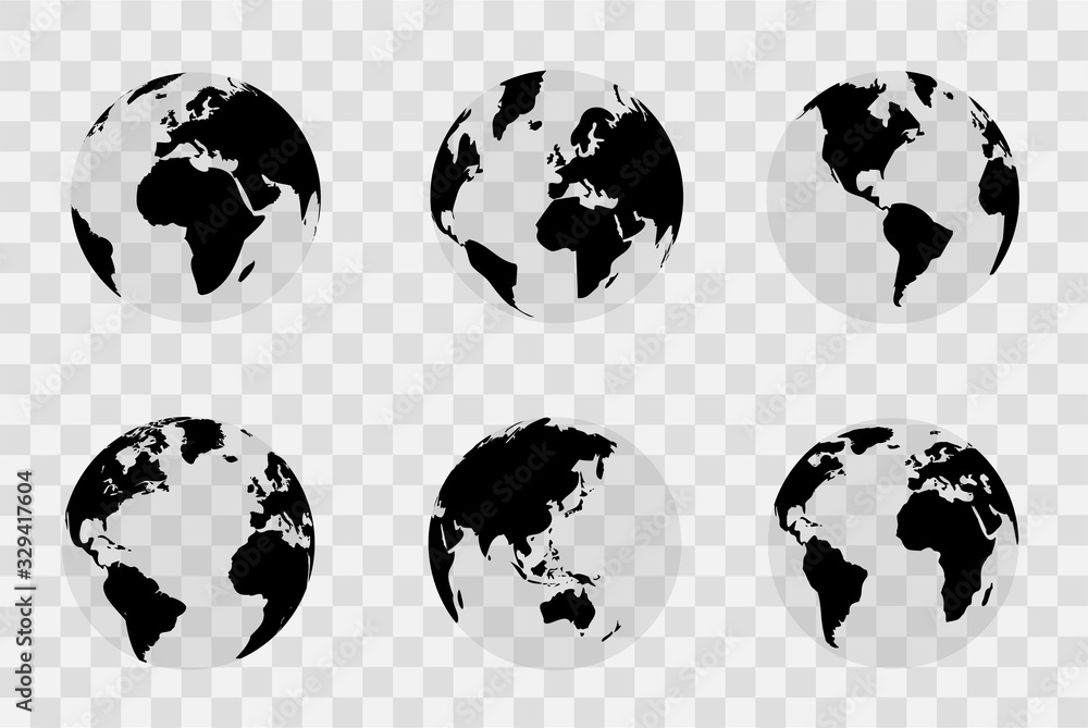 Poster earth globe set. world map in globe shape. earth globes collection on isolated background. flat styl