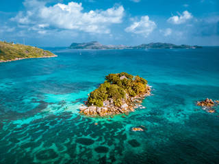 Praslin tropical island Seychelles, drone view above tropical Island Seychelles