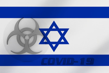 3D ILLUSTRATION VIRUS, BIOHAZARD SYMBOL CORONAVIRUS WITH Israel FLAG, Flu coronavirus floating, micro view, pandemic virus infection, asian flu.