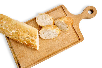 French lunch, breakfast baguette, Fresh natural French baguette, natural wooden cutting board, morning pastries from the bakery, delicate baguette, golden crust