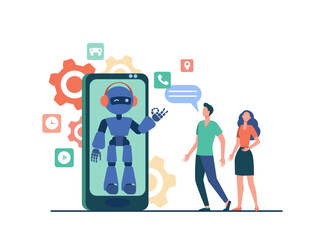 Young couple chatting with robotic assistant on smartphone screen. Chatbot helping customers with their problems. Vector illustration for customer support, help, automatic assistance concept