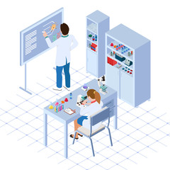 Scientists do observation for vaccine in whiteboard. Observation using a microscope. isometric people in laboratory.