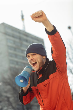 Protester  Man Screaming At Megaphone