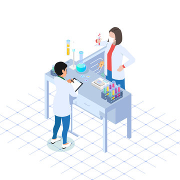 Scientific laboratory isometric icons set with staff during work equipment and furniture blue isolated. Scientist use tube lab for experiment. Observation process.