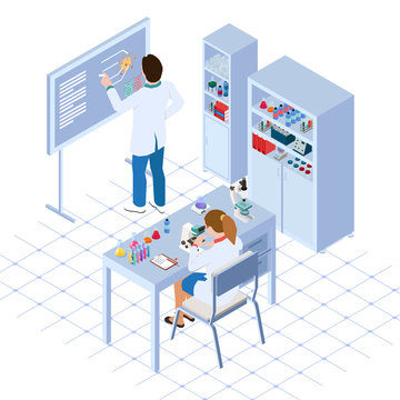 Scientists do observation for vaccine in whiteboard. Observation using a microscope. isometric people in laboratory.