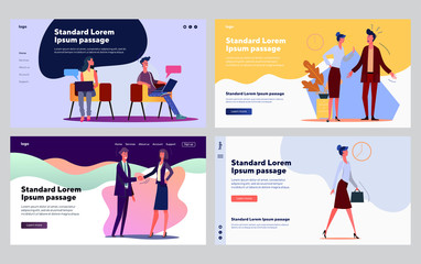 Corporate communication set. Office colleagues chatting online, arguing, shaking hands. Flat vector illustrations. Business, project management concept for banner, website design or landing web page