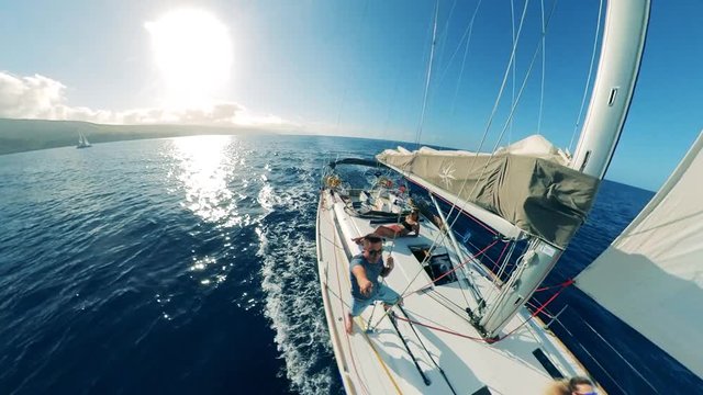 Semi-circle view of a vessel sailing in the ocean. Summer sea holiday vacations.
