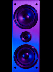 Retro wave, 80s. Frontal image audio speaker with neon light. Synthwave and vaporwave concept.