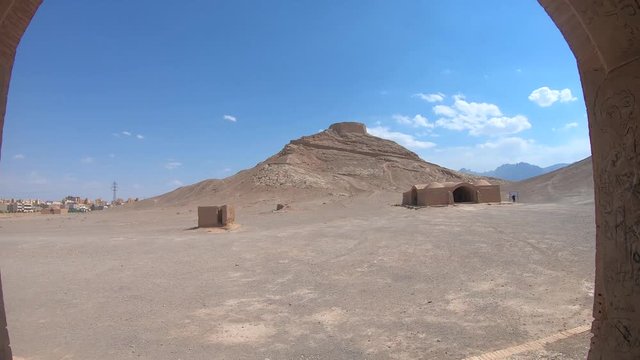 Yazd, Iran - May 2019: Ruins of ritual buildings next to Zoroastrians Dakhmeh Towers of Silence in Yazd city