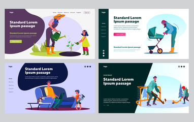 Obraz na płótnie Canvas Parent entertaining kid set. Mom or dad with child gardening, walking, playing sport game. Flat vector illustrations. Leisure, family, activity concept for banner, website design or landing web page