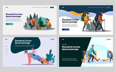 Men keeping active lifestyle set. Couple hiking, camping, dad and son playing sport games. Flat vector illustrations. Family, activity, adventure concept for banner, website design or landing web page