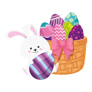rabbit and cute eggs easter decorated with basket wicker vector illustration designicon