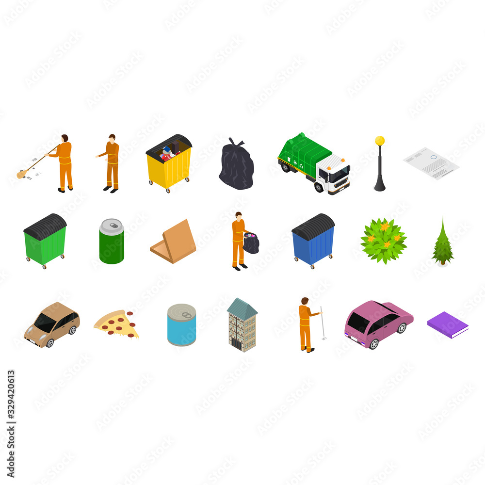 Aufkleber garbage recycling concept icon set 3d isometric view. vector