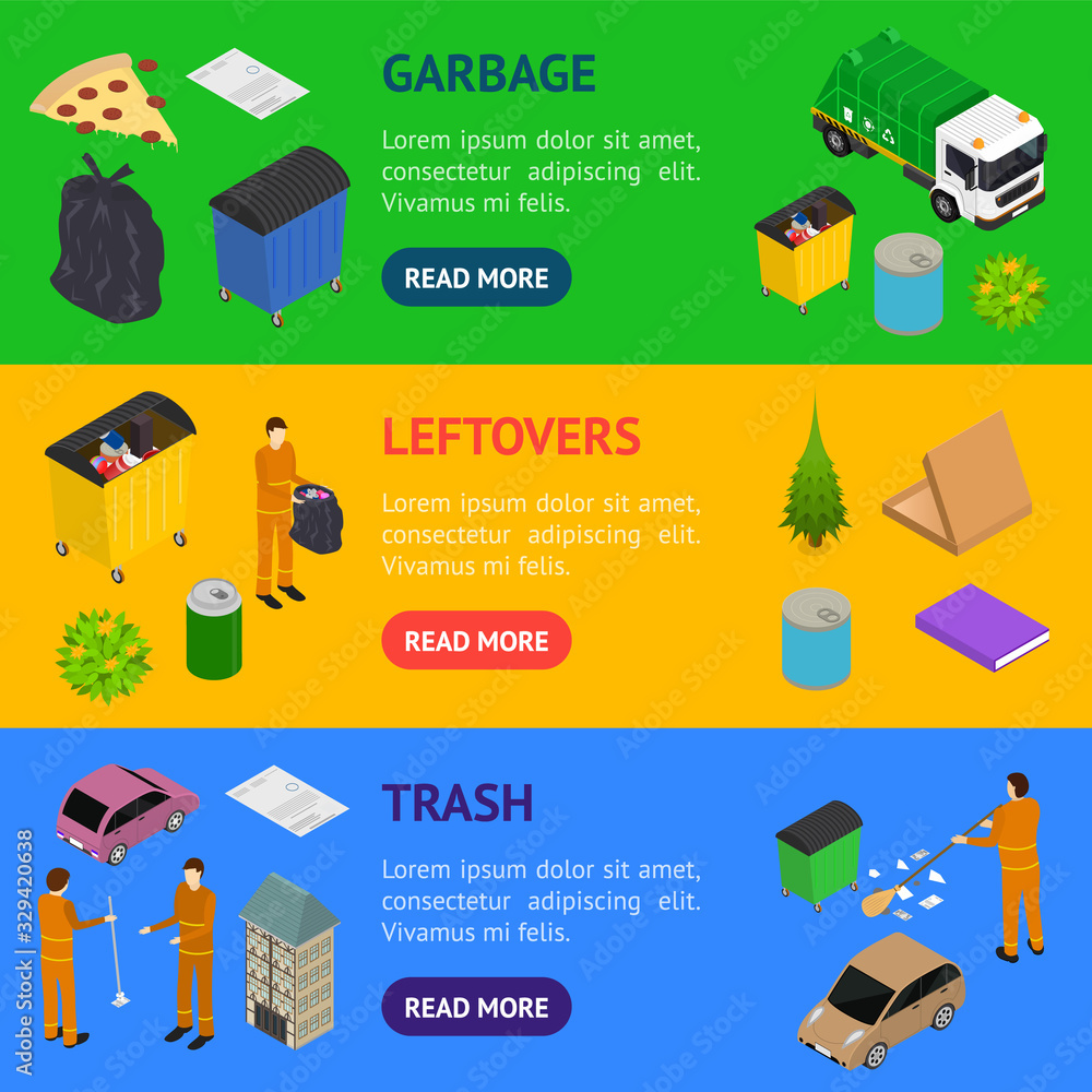Poster garbage recycling concept banner horizontal set 3d isometric view. vector