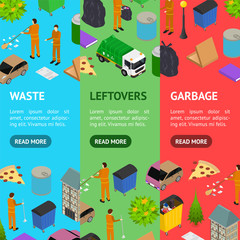 Garbage Recycling Concept Banner Vecrtical Set 3d Isometric View. Vector