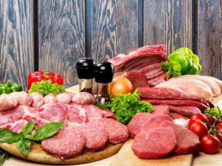 Freshness meat collection on wooden desk