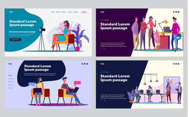 Project discussion set. Managers talking to each other, blogger speaking at camera. Flat vector illustrations. Business, project management concept for banner, website design or landing web page