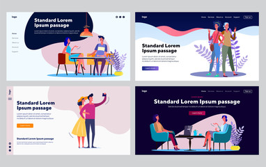 Friendly meeting collection. Young couple, friends, mother and daughter meeting. Flat vector illustrations. Communication, friendship, family concept for banner, website design or landing web page
